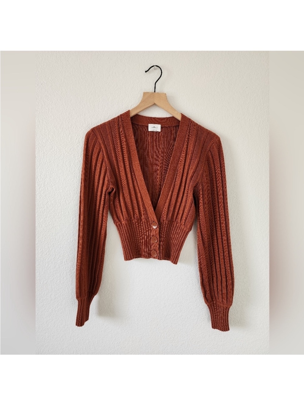 Deep V Ribbed Button-Up Sweater Cardigan - Rust - Picture 2 of 10